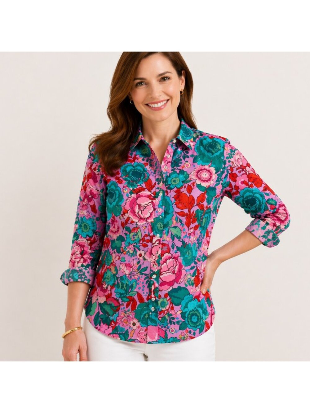 Talbots Sketched Blooms Petite Floral Button Front Shirt Womens LP Pink Cotton